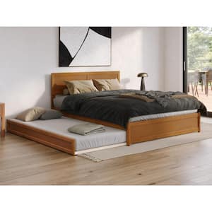 Lylah Light Toffee Natural Bronze Solid Wood Frame Queen Platform Bed with Panel Footboard and Twin XL Trundle