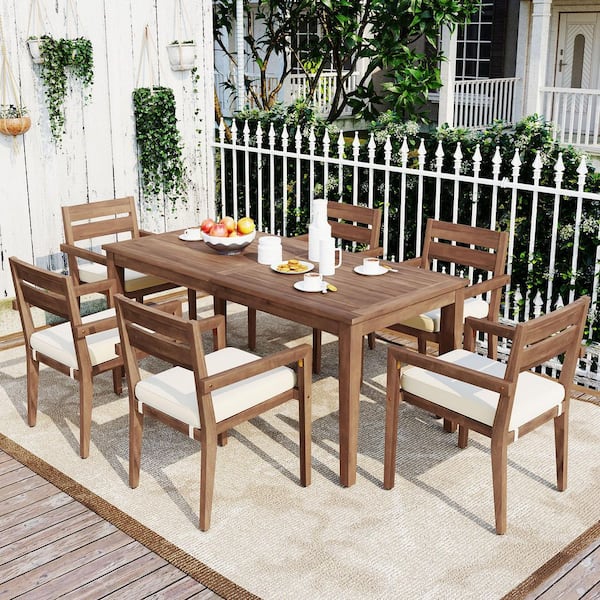 Burly Wood 7-Piece Wood Acacia Wood Outdoor Dining Set with Beige Cushions for Lawn, Backyard, Garden Deck, Poolside