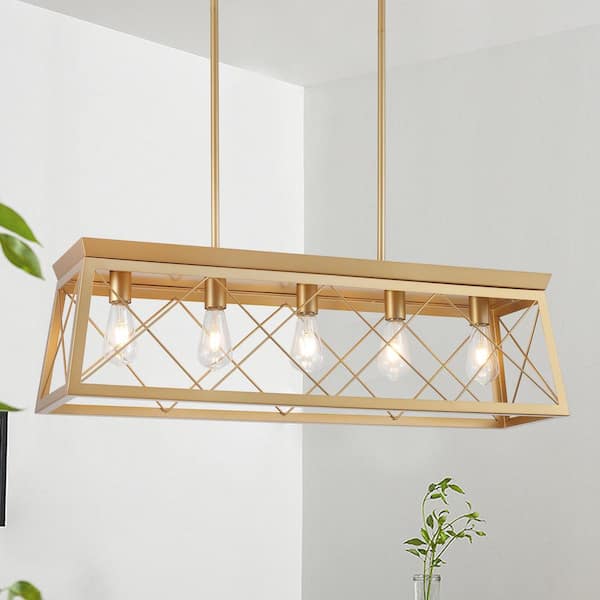 5-Light Gold Industrial Rectangle Hanging Linear Island Chandelier Lighting for Kitchen Island