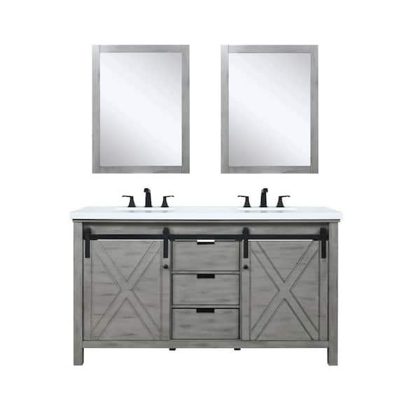 Lexora Marsyas 60 in W x 22 in D Ash Grey Double Bath Vanity, White Quartz Countertop, Faucet Set and 24 in Mirrors