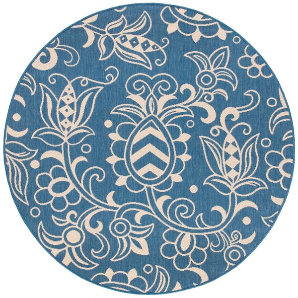 SAFAVIEH Beach House Blue/Beige 7 ft. x 7 ft. Round Abstract Medallion Indoor/Outdoor Area Rug