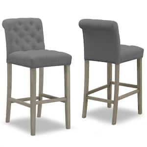 29 in. Aleen Grey Fabric with Roll Back Design and Tufted Buttons Bar Stool (Set of 2)