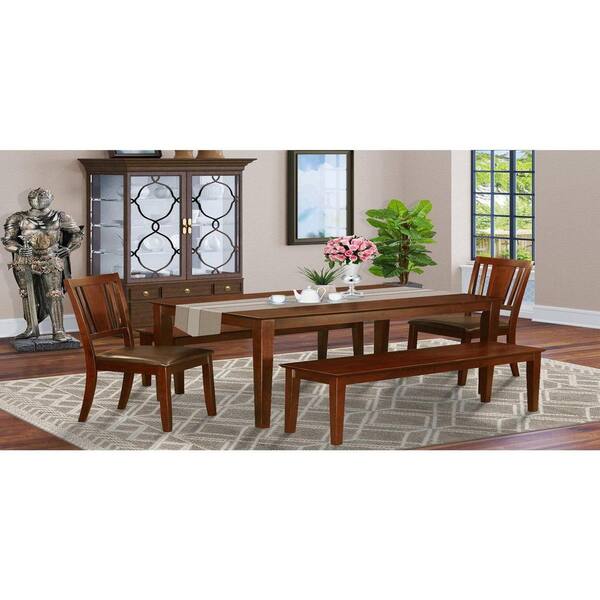 East West Furniture 5-Piece Rectangle Mahogany Finish Solid Wood Top Dining Table with 2 Benches, 2 Chairs with Lattice Back