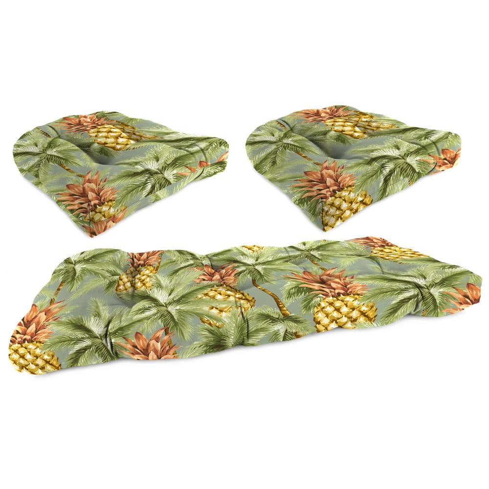 Luau Breeze Green Tropical Tufted Outdoor Wicker Bench Cushion Set