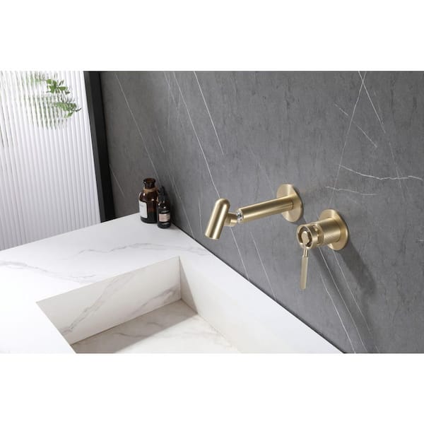 Single-Handle 2-Hole Wall Mounted Bathroom Faucet with 360° Adjustable Spout in Brushed Gold