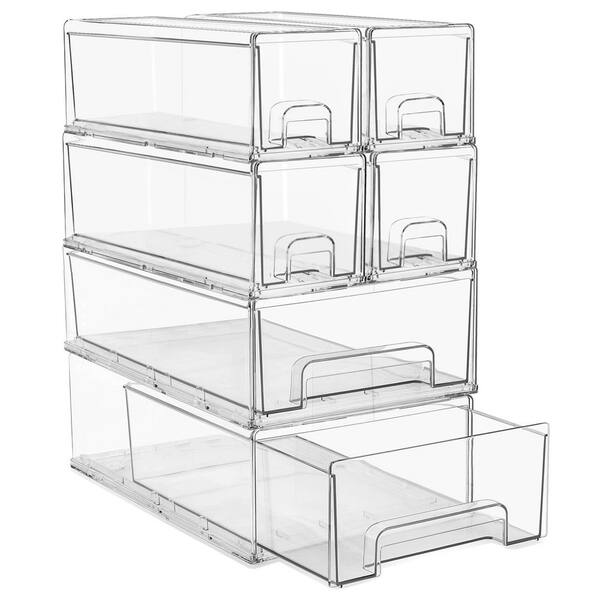 Clear 8.25 in. x 4.25 in Plastic Decorative Basket Set of 6,2 Medium & 4 Small Stackable Storage Drawers with Handles