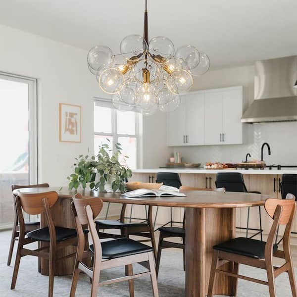 Alma 6-Light 24.8 in.W Gold and Brown Cluster Bubble Chandelier with Clear Glass and Leather, LED Bulbs Included