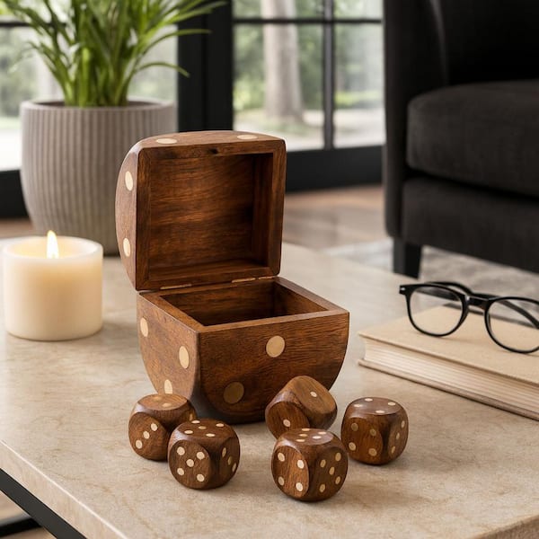 Brown 4 in. Mango Wood Dice Box Game Set With Dice Inside