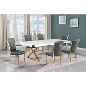 Miguel 7-Piece Rectangle White Wood Top Gold Stainless Steel Dining Set with 6 Dark Gray Velvet Chairs