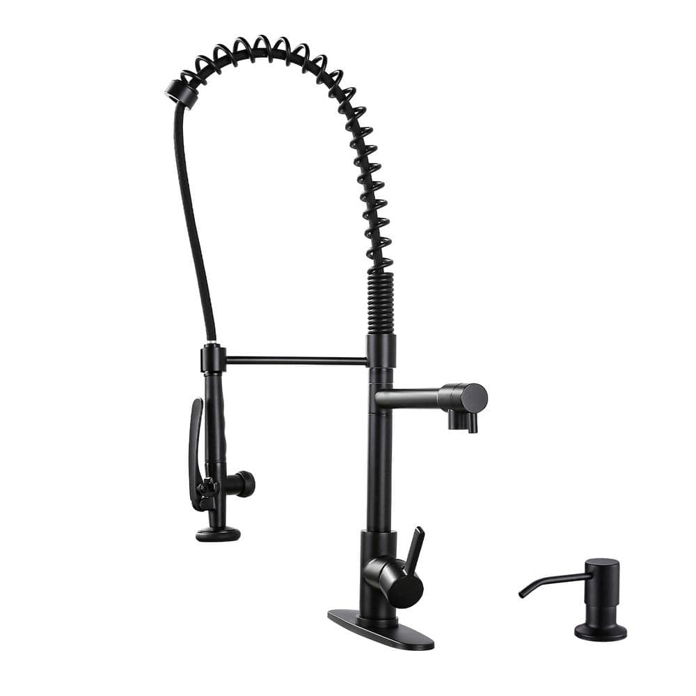Commercial Deck Mount Double Handle Pull Down Sprayer Kitchen Faucet with Pre-Rinse, Soap Dispenser in Matte Black price history on PriceWatchPro