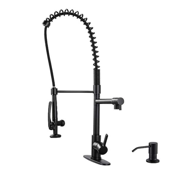 Commercial Deck Mount Double Handle Pull Down Sprayer Kitchen Faucet with Pre-Rinse, Soap Dispenser in Matte Black