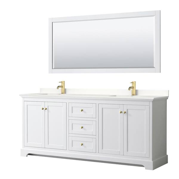 Wyndham Collection Avery 80 in. W x 22 in. D x 35 in. H Double Bath Vanity in White with White Quartz Top and 70 in. Mirror