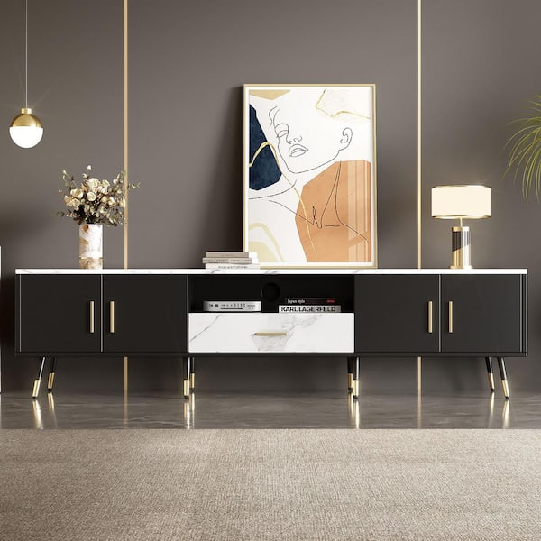 Magic Home 71 in. High Modern TV Stand for TVs Up to 80 in. with 2-Cabinets and Open Compartments White and Black