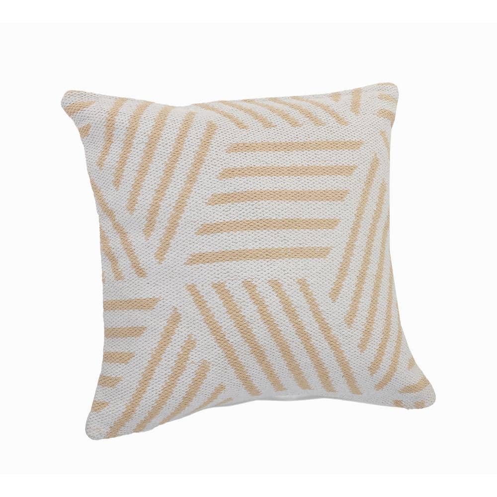 Tan and White Geometric Striped Cotton Square Throw Pillow