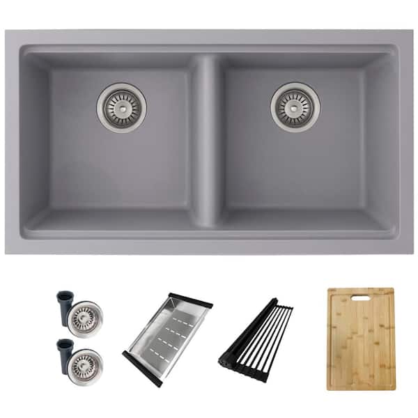 Dual Mount 33 inch Gray Composite Granite Double Bowl Workstation  Kitchen Sink with Accessories