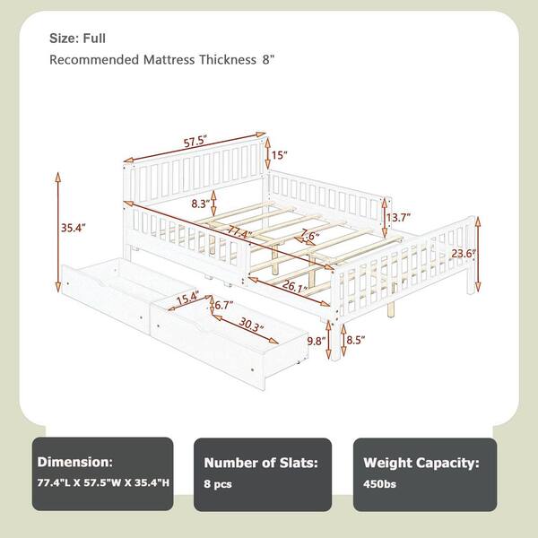 Gray Wood Full Size Platform Bed Frame with Guardrails on Both