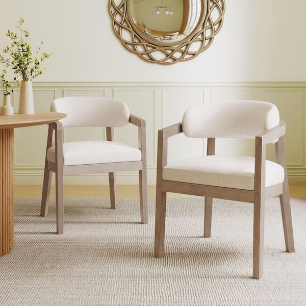 CHRISTOPHER KNIGHT HOME Candice Light Ash Plus Beige Modern Solid Wood Upholstered Dining Chairs with Curved Backrest and Armrests (Set of 2)