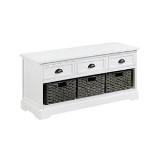 White Collection Wicker Cabinet Bench with 3 Drawers and 3 Woven Baskets