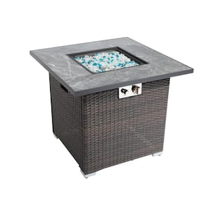 30 in. Dark Brown Square Wicker Propane Gas Fire Pit Table 40,000 BTU with Lid Gas, Glass Rocks and Rain Cover