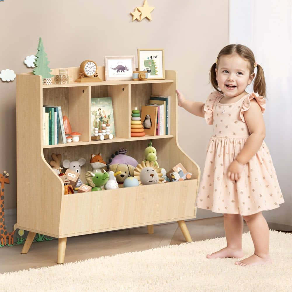 Natural Kids Bookshelf Display Organizer with Toy Storage and Solid Wood Legs for Bedroom