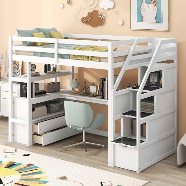 Polibi Twin size Loft Bed with Storage Drawers and Stairs, Wooden Loft Bed with Shelves-White