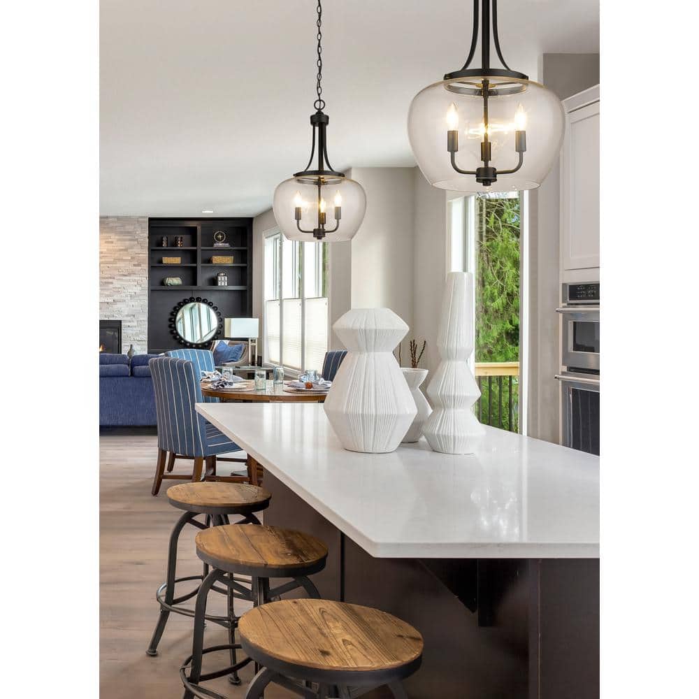 Matte Black Steel and Glass 3-Light Pendant