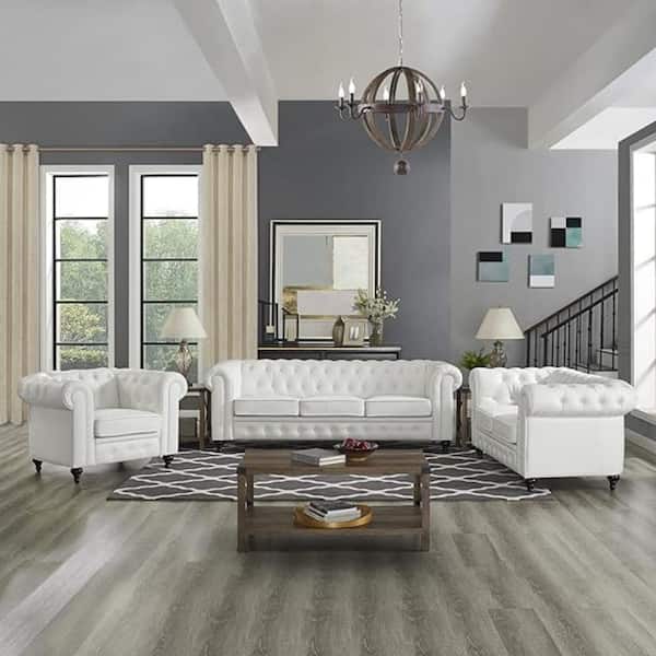 HOMESTOCK 88.58 in Wide Chesterfield Sofa Set 3-Piece Faux Leather Sofa Loveseat and Accent Chair Combo with Rolled Arms in White