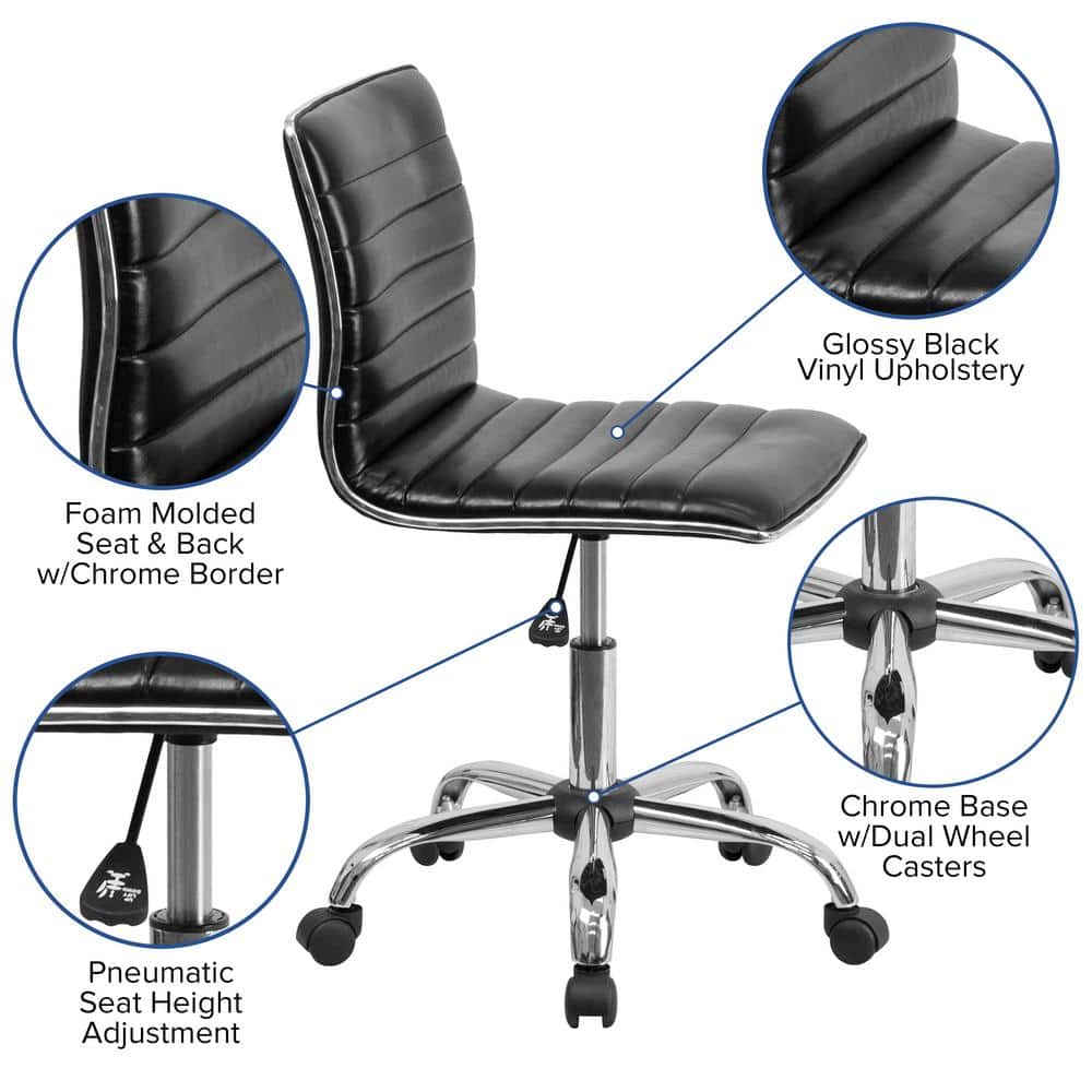 Alan Low Back Armless Black Vinyl Swivel Task Chair with Chrome Base
