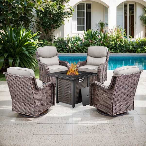 5-Piece Wicker Outdoor Patio Fire Pit Set with CushionGuard Beige Cushions
