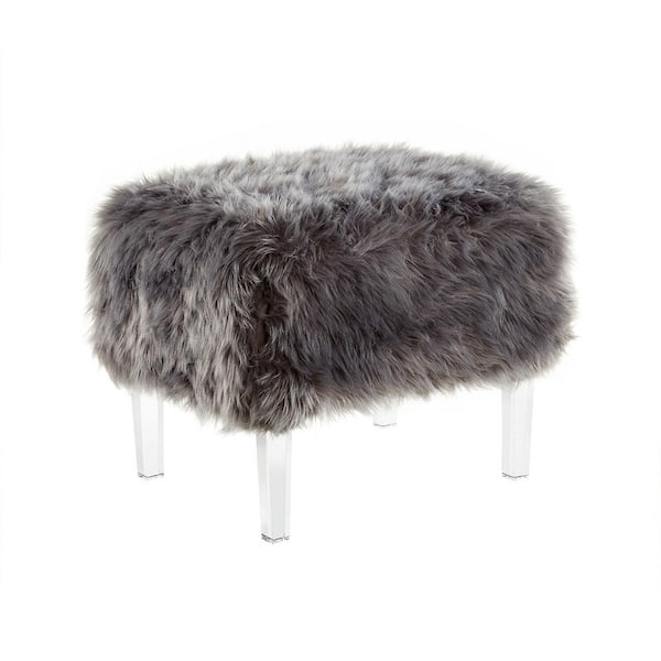 Inspired Home Zelina Grey Faux Fur Rectangle Acrylic Leg Accent Ottoman