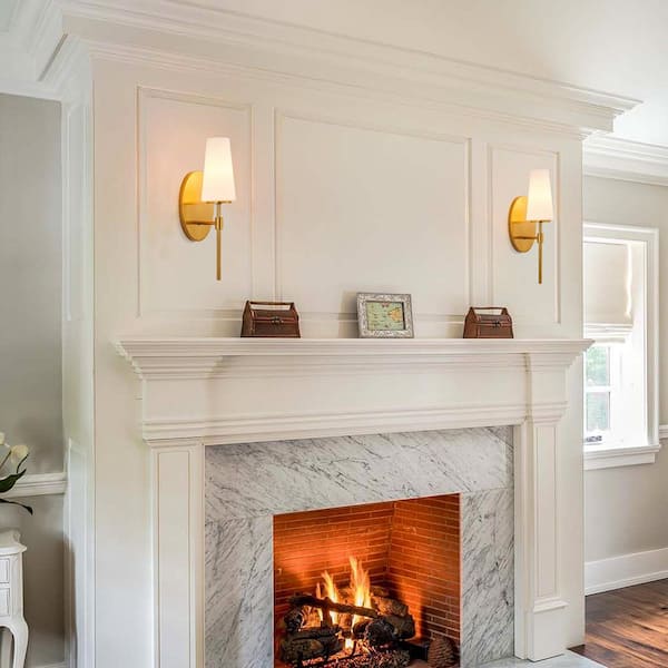 1-Light Brushed Gold Wall Sconces with Frosted Opal Ribbed Glass Shade