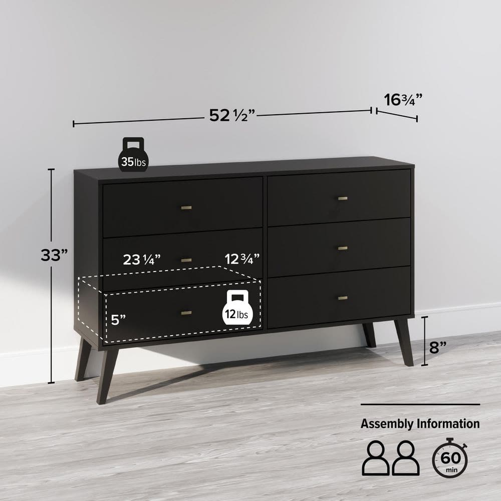 Black Mid-Century Double Dresser with Deep Drawers