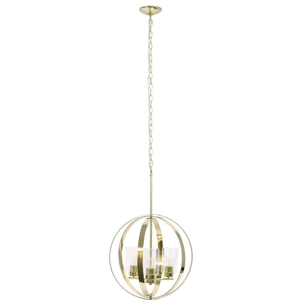 Lalia Home 18 in. 3-Light Gold Standard Pendant Adjustable Industrial Globe Hanging Metal and Clear Glass