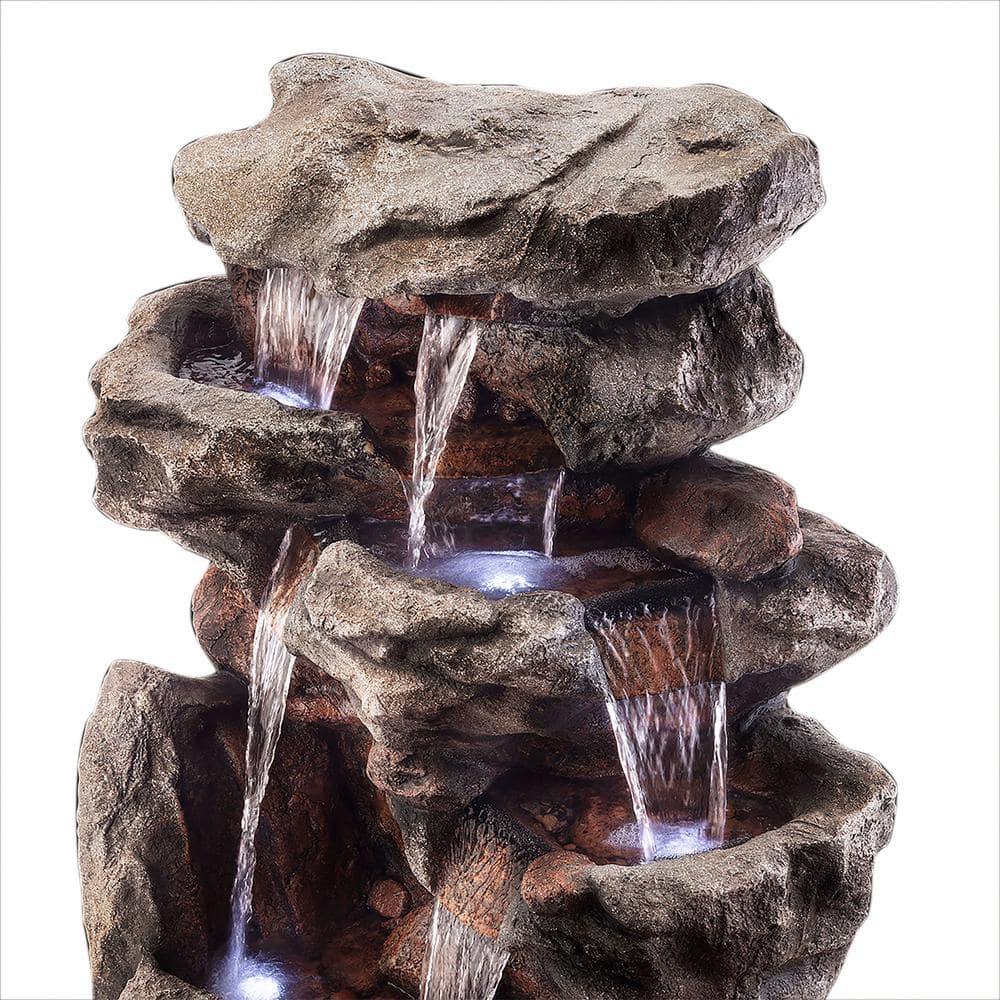 52" Brown Tiered Rock Waterfall Fountain with LED Lights