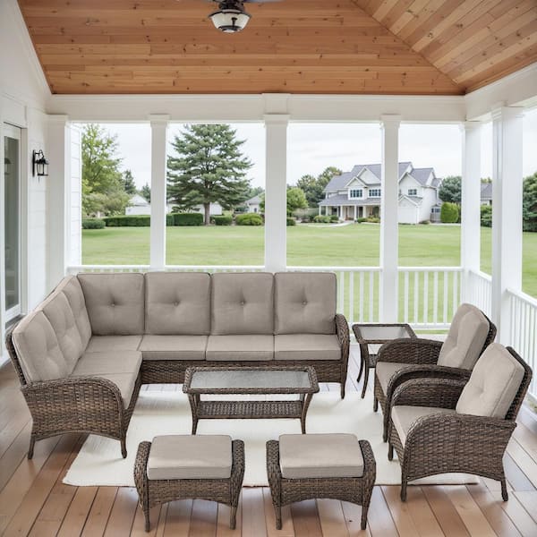 Gymojoy Carlos Brown All-Weather Wicker 8-Piece Outdoor Sectional Set ,  Conversation set with Beige Cushions and Coffee Table