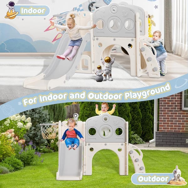 4.5 ft. White and Gray 8-in-1 Astronaut Toddler Slide with Aisle Kids Slide for Toddlers 1-3, Baby Slide Climber Playset