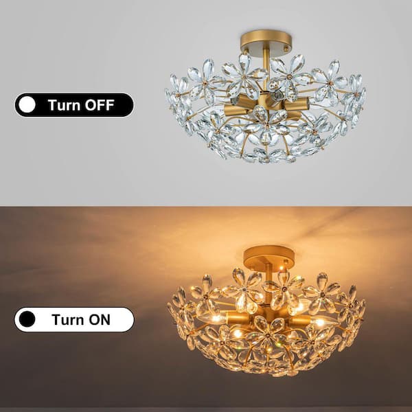 GoYeel 17.72 In. 6 Lights Gold Modern Crystal Flower Semi-Flush