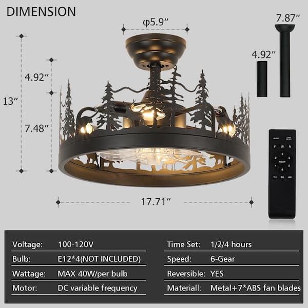 ファンタジーライフ JUSHENG 17.71 in. Farmhouse Black Ceiling Fan with Light