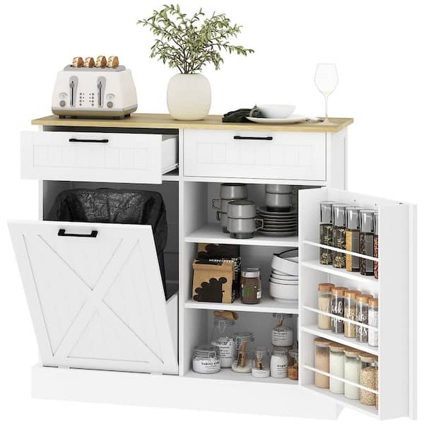 White 39.4 in. Pantry Organizer Sideboard with Tilt Out Trash Can with Shelves and Spice Rack
