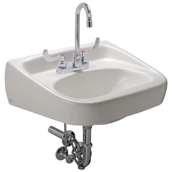 Zurn Manual Hand Washing System, 20 x 18 in. Wall Hung Lavatory with 0.5 GPM, Centerset, Gooseneck Faucet, and Wrist Handles