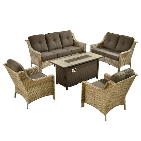 Eureka 5-Piece Wicker Outdoor Fire Pit Patio Conversation Sofa Seating Set with Black Cushions