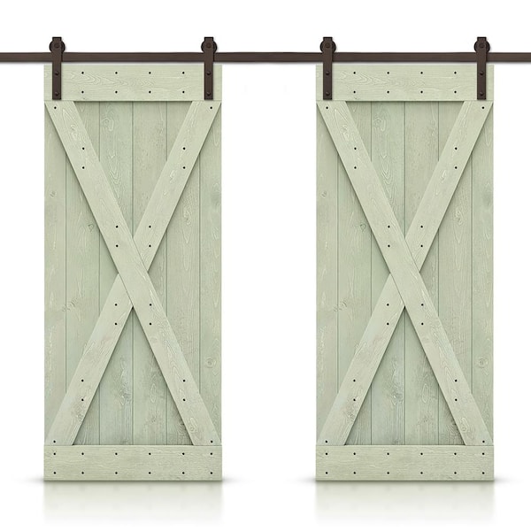 CALHOME X 52 in. x 84 in. Sage Green Stained DIY Solid Pine Wood Interior Double Sliding Barn Door with Hardware Kit