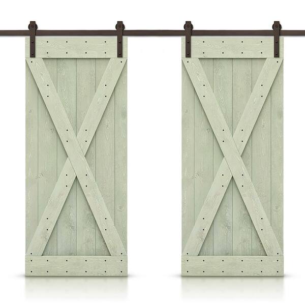 CALHOME X 88 in. x 84 in. Sage Green Stained DIY Solid Pine Wood Interior Double Sliding Barn Door with Hardware Kit