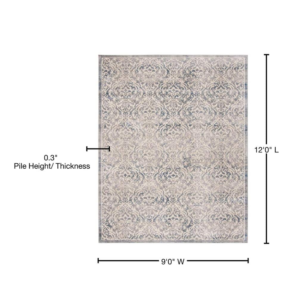 Light Grey and Blue Damask Synthetic Area Rug, 9' x 12'