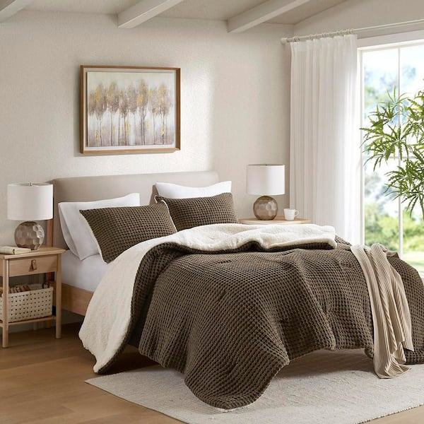 Ellis 3-Piece Brown Solid Polyester King Textured Knit Chenille Comforter Set