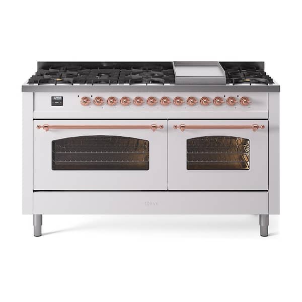 ILVE Nostalgie II 60 in. 9 Burner+Griddle Freestanding Double Oven Dual Fuel Range in White with Copper