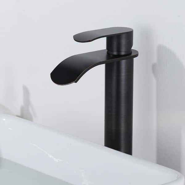Single Handle Single Hole Tall Waterfall Bathroom Faucet with Pop Up Drain and Supply Lines in Oil Rubbed Bronze