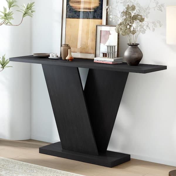 CHRISTOPHER KNIGHT HOME Orbitsan 59.8 in. Modern V-base Design Black Rectangle MDF Console Table, Acacia Wood Veneer