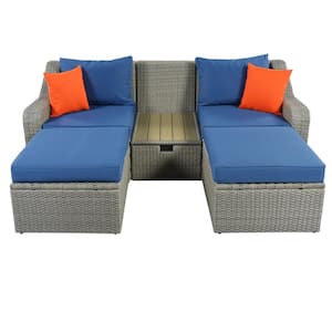 3-piece Wicker Outdoor Sectional Set with blue Cushions