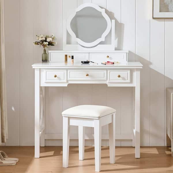 2-Piece White Makeup Vanity Set with Reversible Mirror and Stool